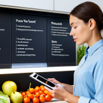 A focused woman, fully clothed in modest professional attire, thoughtfully selecting vibrant, seasonal vegetables and fruits from a well-stocked pantry in a sunlit, clean, modern kitchen. She holds a digital tablet displaying a detailed meal plan. The scene emphasizes mindful cooking and a commitment to fresh, local ingredients. Perfect anatomy, correct proportions, natural pose, well-formed hands, proper finger count, natural body proportions. Professional photography, high-resolution, sharp focus, natural lighting. Safe for work, appropriate content, family-friendly.