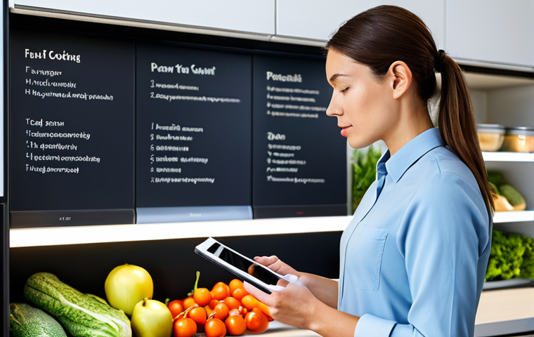 A focused woman, fully clothed in modest professional attire, thoughtfully selecting vibrant, seasonal vegetables and fruits from a well-stocked pantry in a sunlit, clean, modern kitchen. She holds a digital tablet displaying a detailed meal plan. The scene emphasizes mindful cooking and a commitment to fresh, local ingredients. Perfect anatomy, correct proportions, natural pose, well-formed hands, proper finger count, natural body proportions. Professional photography, high-resolution, sharp focus, natural lighting. Safe for work, appropriate content, family-friendly.