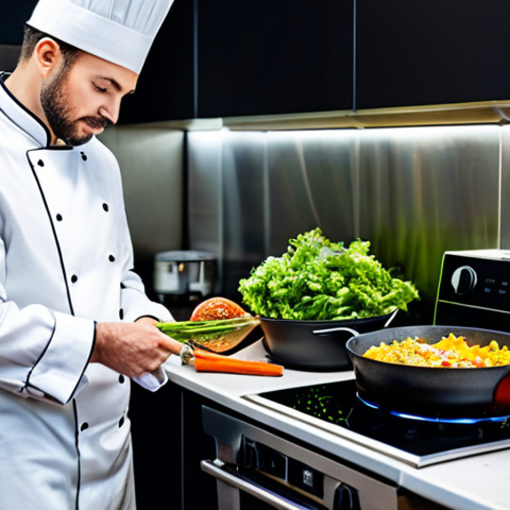 Prompt 1:** A professional chef, fully clothed in a clean, modest chef's jacket, expertly preparing a healthy meal using modern, energy-efficient kitchen appliances in a brightly lit, state-of-the-art kitchen. The scene showcases an induction cooktop and a sleek air fryer. The chef is carefully stir-frying fresh, colorful vegetables in a wok. The lighting is natural and inviting, emphasizing cleanliness and efficiency. This is a professional image, high quality, safe for work, appropriate content, family-friendly, with perfect anatomy, correct proportions, natural pose, well-formed hands, and proper finger count.