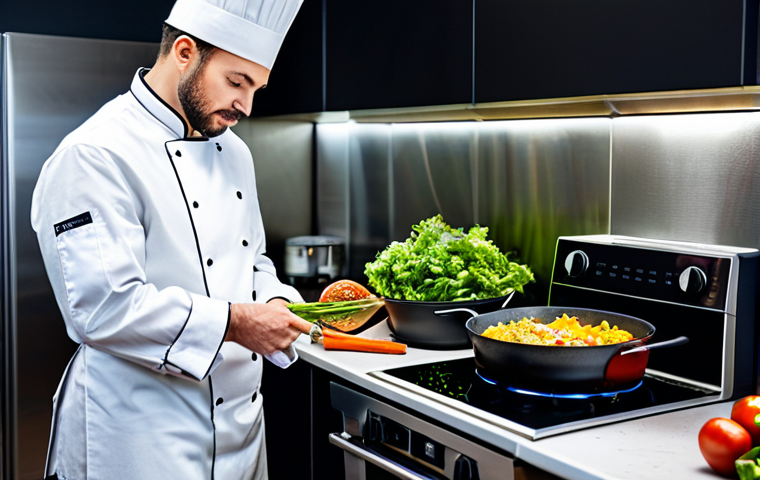 Prompt 1:** A professional chef, fully clothed in a clean, modest chef's jacket, expertly preparing a healthy meal using modern, energy-efficient kitchen appliances in a brightly lit, state-of-the-art kitchen. The scene showcases an induction cooktop and a sleek air fryer. The chef is carefully stir-frying fresh, colorful vegetables in a wok. The lighting is natural and inviting, emphasizing cleanliness and efficiency. This is a professional image, high quality, safe for work, appropriate content, family-friendly, with perfect anatomy, correct proportions, natural pose, well-formed hands, and proper finger count.