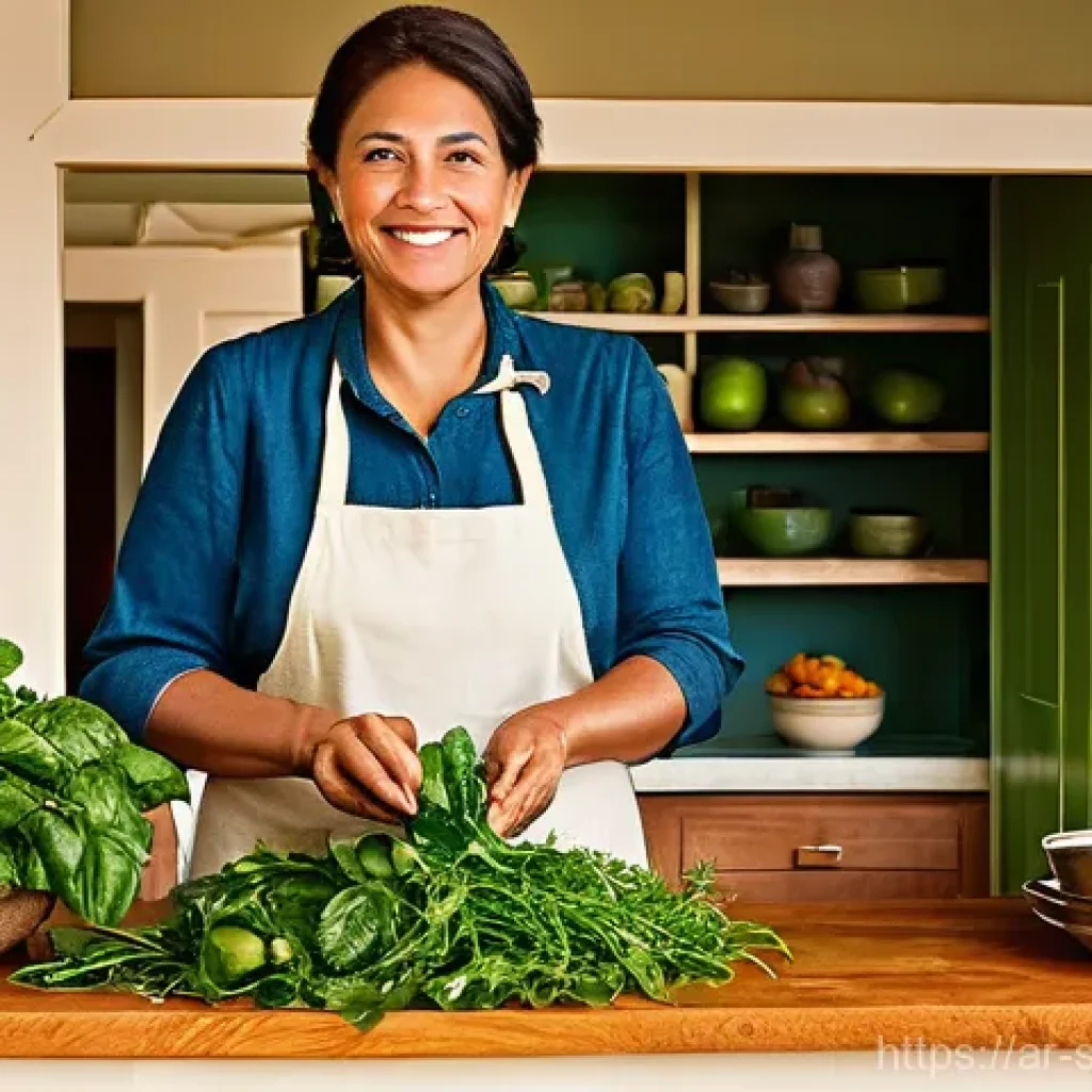 친환경 재료로 만드는 건강한 요리법 - **"The Bountiful Green Kitchen: A Celebration of Local Harvest"**
A brightly lit, spacious kitch...