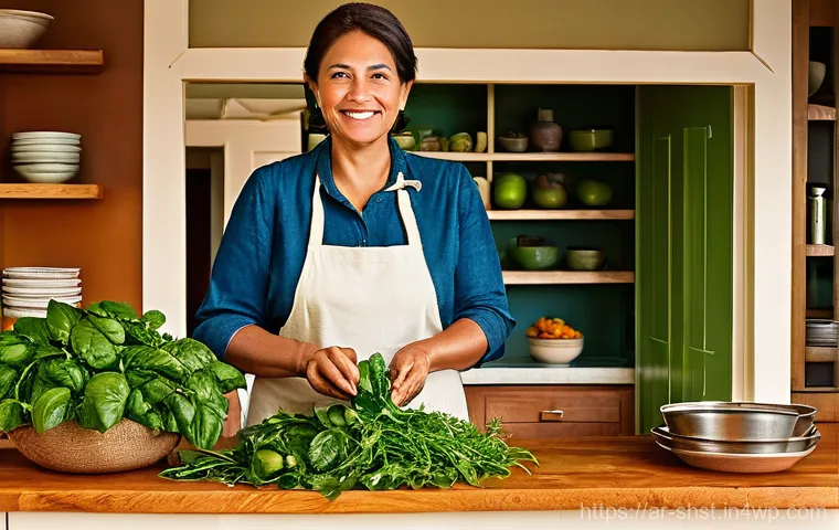 친환경 재료로 만드는 건강한 요리법 - **"The Bountiful Green Kitchen: A Celebration of Local Harvest"**
    A brightly lit, spacious kitch...