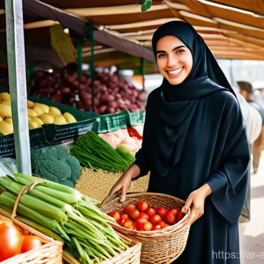 친환경 저녁식사 준비를 위한 팁 - **Prompt:** A vibrant, sun-drenched local farmers' market in a bustling Middle Eastern city. A smili...
