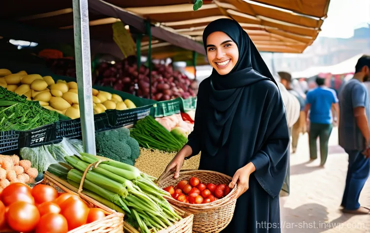 친환경 저녁식사 준비를 위한 팁 - **Prompt:** A vibrant, sun-drenched local farmers' market in a bustling Middle Eastern city. A smili...