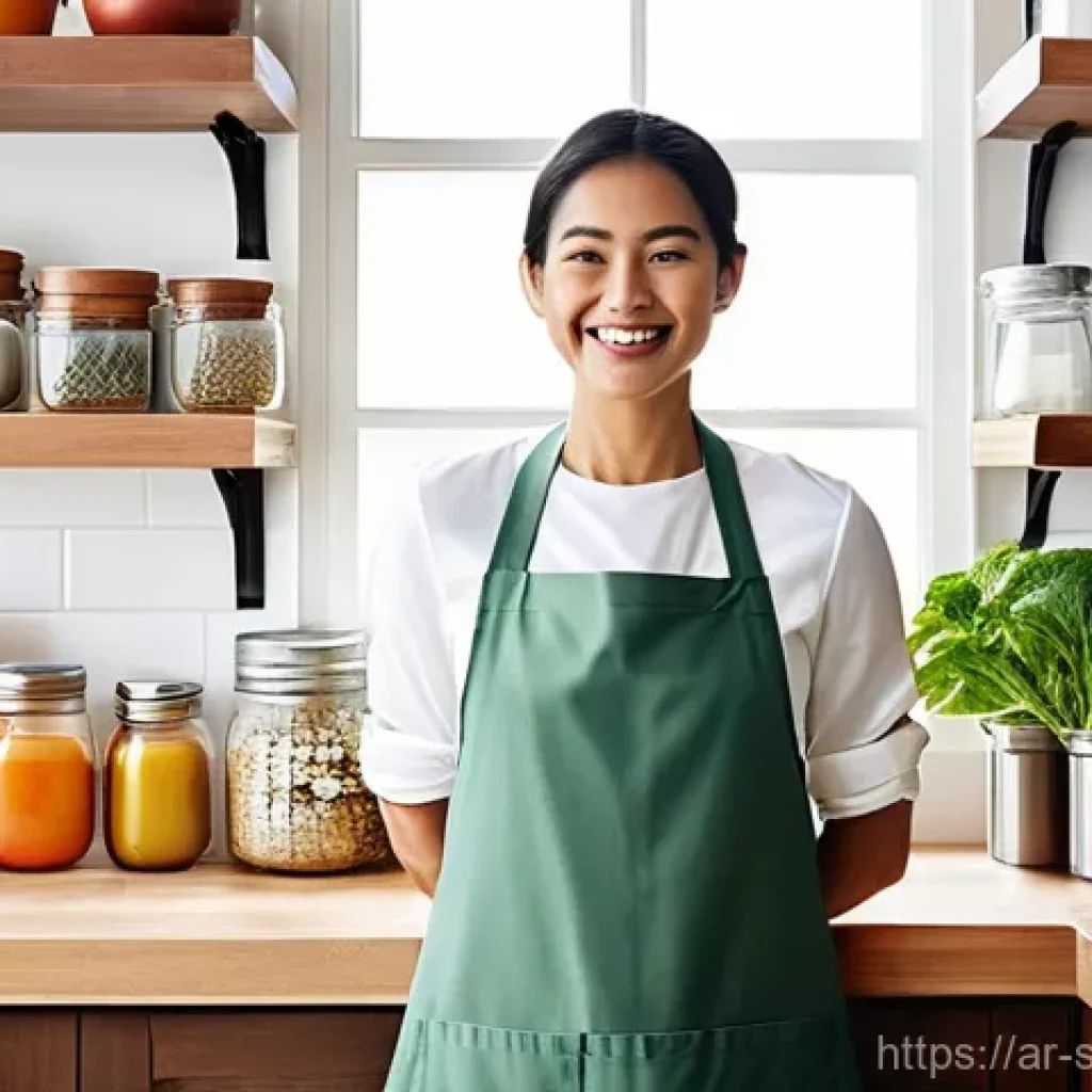 재활용 가능한 조리 도구와 그 사용법 - **Prompt:** A brightly lit, clean, and organized kitchen with a warm, inviting atmosphere. Sunlight ...