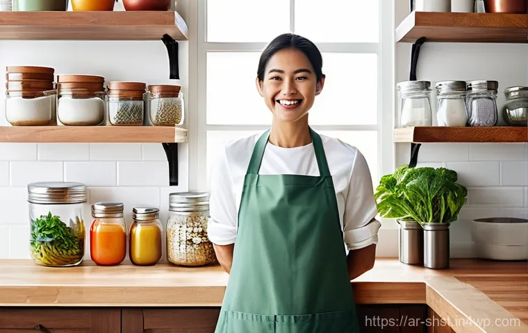 재활용 가능한 조리 도구와 그 사용법 - **Prompt:** A brightly lit, clean, and organized kitchen with a warm, inviting atmosphere. Sunlight ...