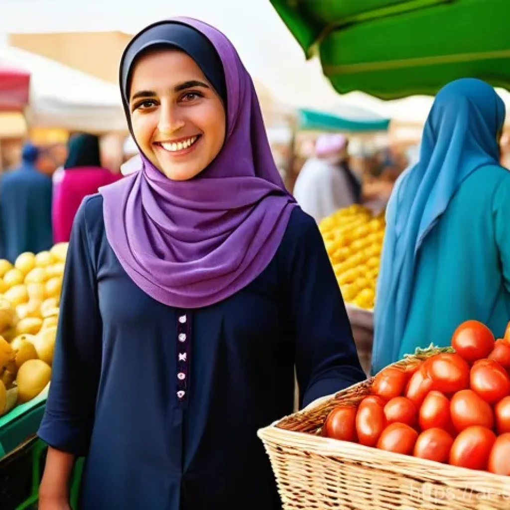 제철 재료를 활용한 친환경 요리법 - **Prompt:** A vibrant, sunlit scene at an authentic outdoor farmers market in a bustling Arab city. ...