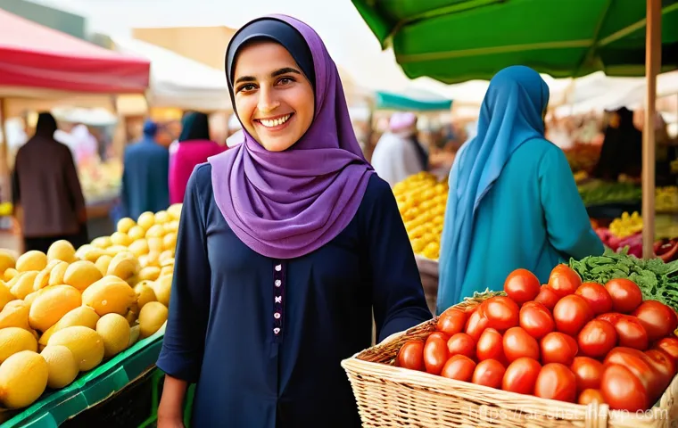 제철 재료를 활용한 친환경 요리법 - **Prompt:** A vibrant, sunlit scene at an authentic outdoor farmers market in a bustling Arab city. ...