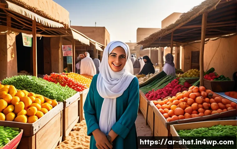 친환경 조리법을 위한 가이드라인 - A vibrant Middle Eastern farmer’s market scene at dawn in a sunny Arabian town, showcasing fresh loc...
