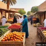 Home 13 친환경 조리법을 위한 식사 준비 팁 - A vibrant Middle Eastern outdoor market scene at sunrise, featuring a variety of fresh, local season...