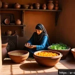 Home 18 친환경 조리법으로 전통 맛을 살리기 - A warm, rustic kitchen scene in a traditional Middle Eastern home featuring a skilled cook preparing...