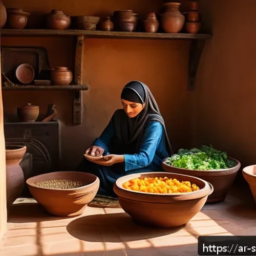 Home 12 친환경 조리법으로 전통 맛을 살리기 - A warm, rustic kitchen scene in a traditional Middle Eastern home featuring a skilled cook preparing...