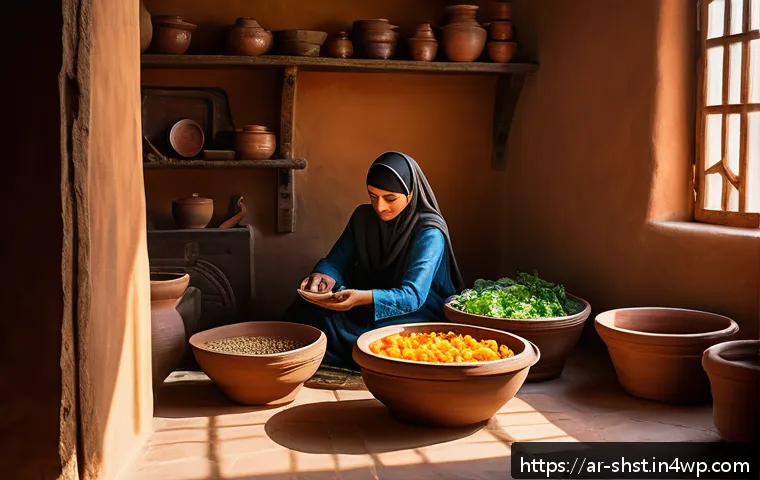 친환경 조리법으로 전통 맛을 살리기 - A warm, rustic kitchen scene in a traditional Middle Eastern home featuring a skilled cook preparing...