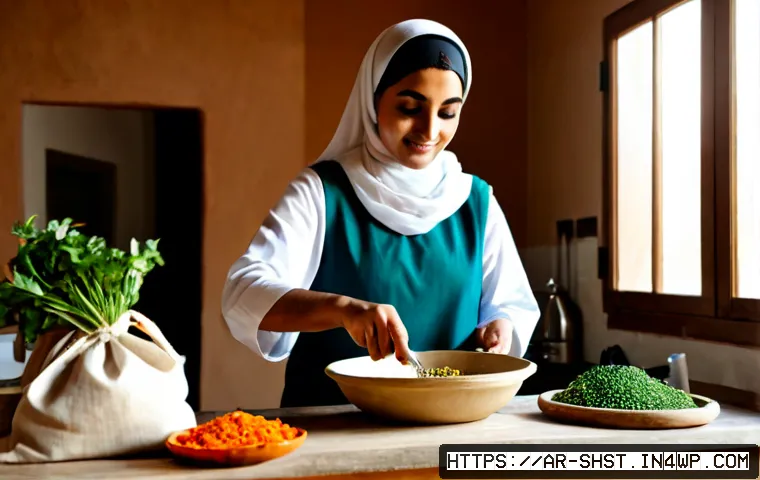 조리법의 지속 가능성을 높이는 방법 - Photorealistic sustainable Arabic home kitchen, a Middle Eastern woman in modest everyday clothing p...