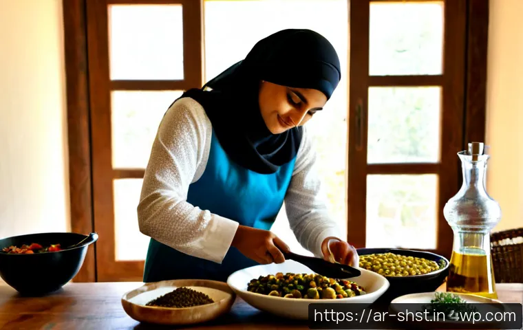 친환경 조리법으로 건강하게 체중 관리하기 - Photorealistic sunlit Arab family kitchen, a modest Middle Eastern woman in elegant long-sleeved clo...